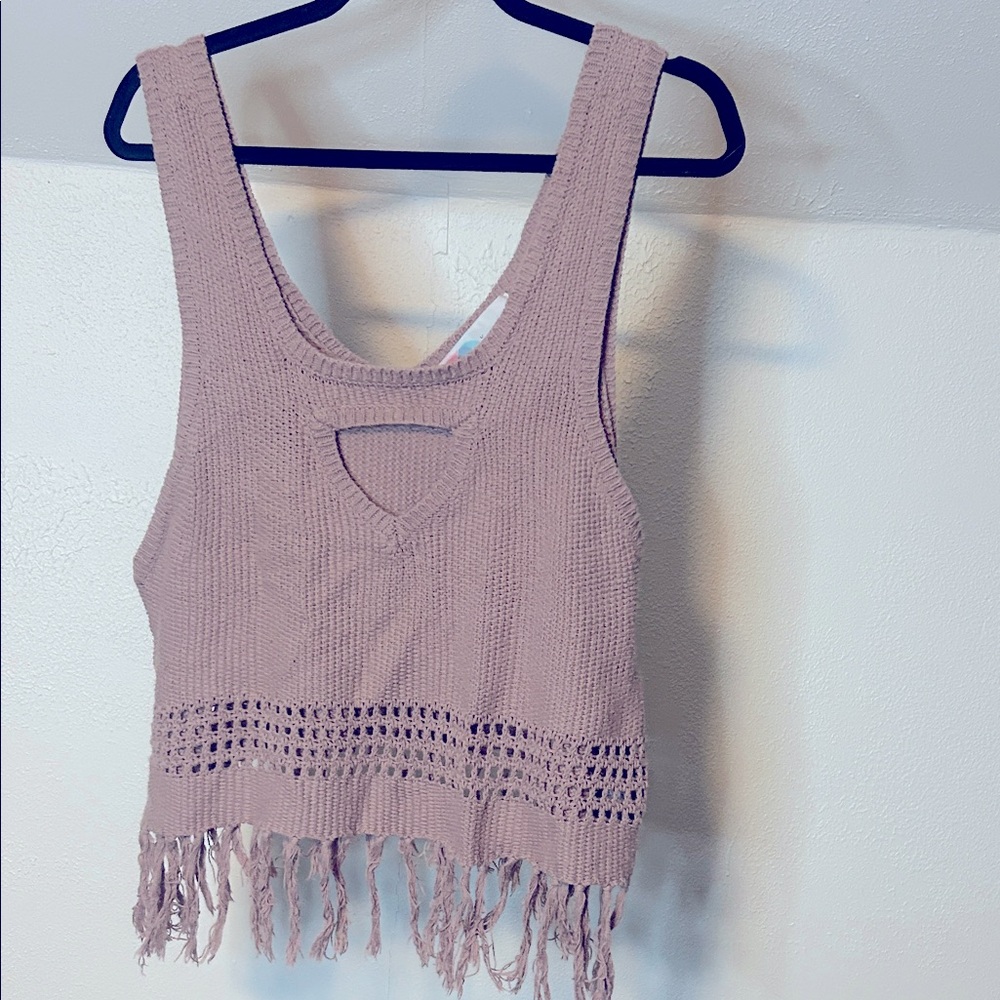 Free People Beach Tan Knit Fringe Tank Top with Cut Out